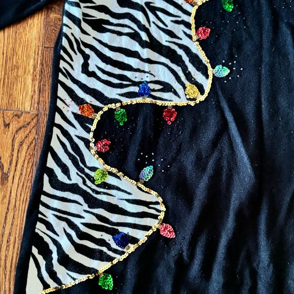 VTG Christmas Lights Sweater Womens L Faux Fur Collar Ugly Christmas Zebra - Picture 4 of 9